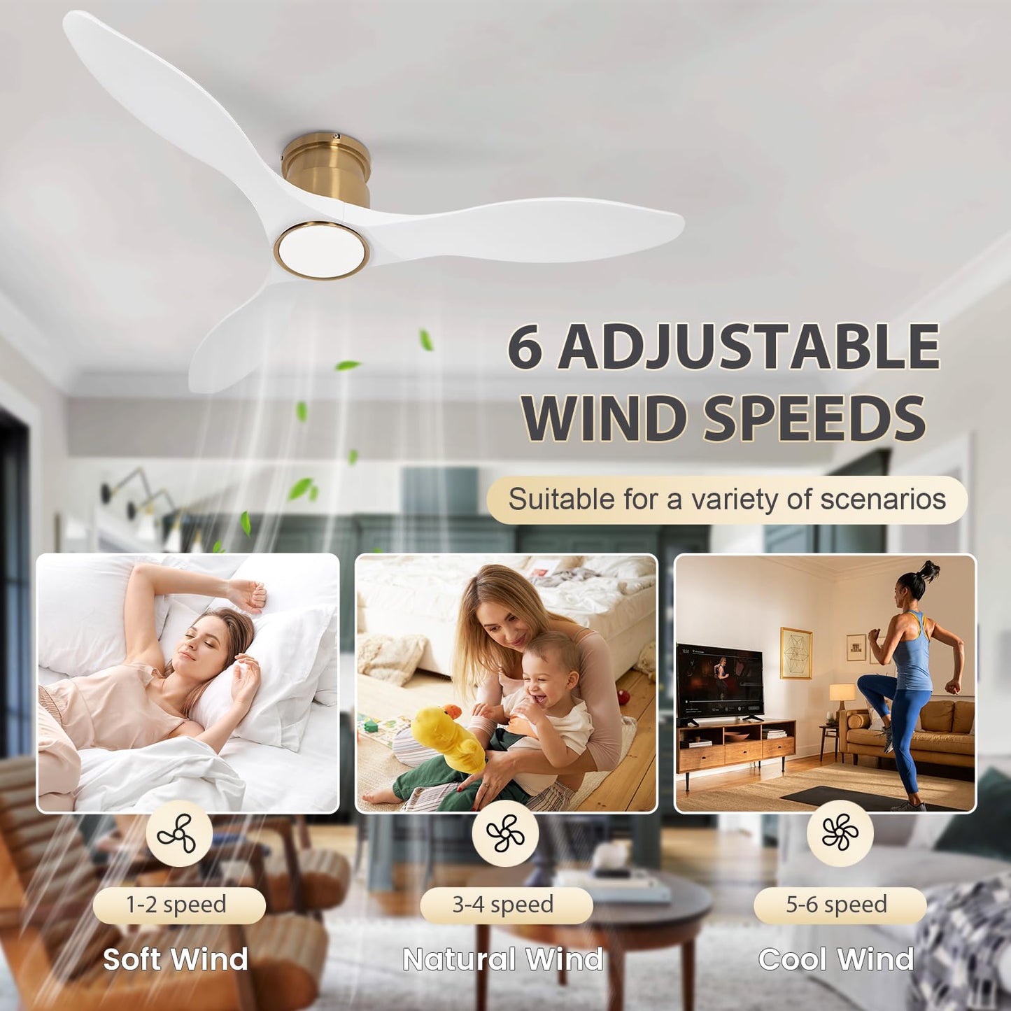 52 Inch Ceiling Fan with Lights and Remote, White Gold Low Profile Flush Mount, Modern 3 Blade Ceiling Fans Dimmable LED Light for Farmhouse Indoor Bedroom, Living Room