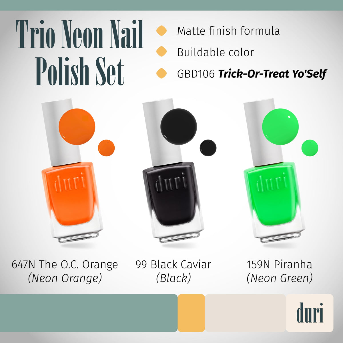 duri Trio Neon Nail Polish Set - Trick-Or-Treat Yo'Self, Matte Finish, Quick Drying, 0.45 Fl Oz each