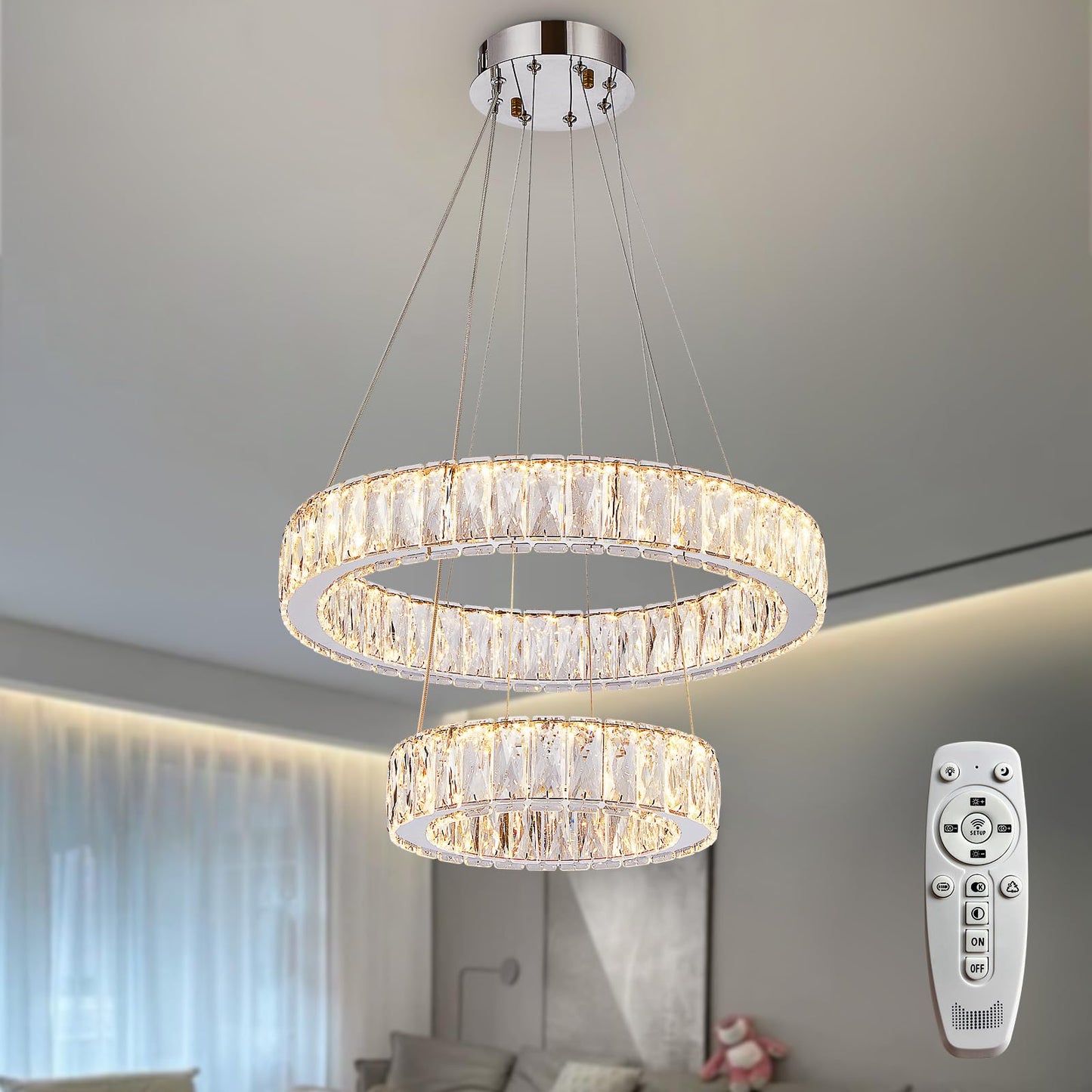 Depuley Modern LED Crystal Chandelier: 11.8" + 19.7" Rings Dimmable Pendant Light Adjustable for Dining Room - 42W Double-Decker Round Crystal Chandeliers for Bedroom Living Room Porch Foyer