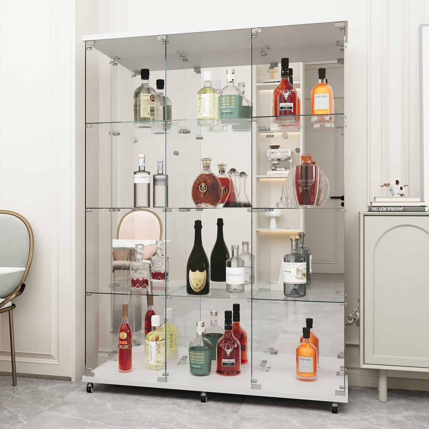 Beauty4U Glass Display Cabinet with Mirror Back Panel, 12 Shelves with 3 Columns, Curio Cabinets for Living Room, Bedroom, Office, White Floor Standing Glass Bookshelf, Quick Installation