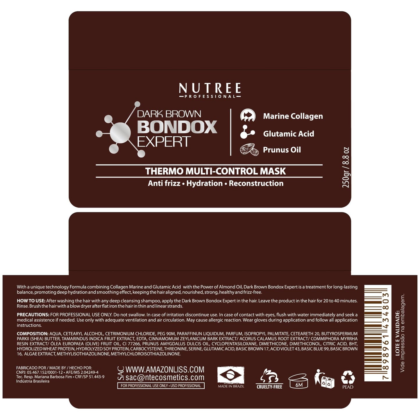Hair Treatment Mask Damaged Dark Brown Color BONDOX 8.8oz | Color Depositing Mask with Almond Oil | Marine Seaweed Collagen | Fo