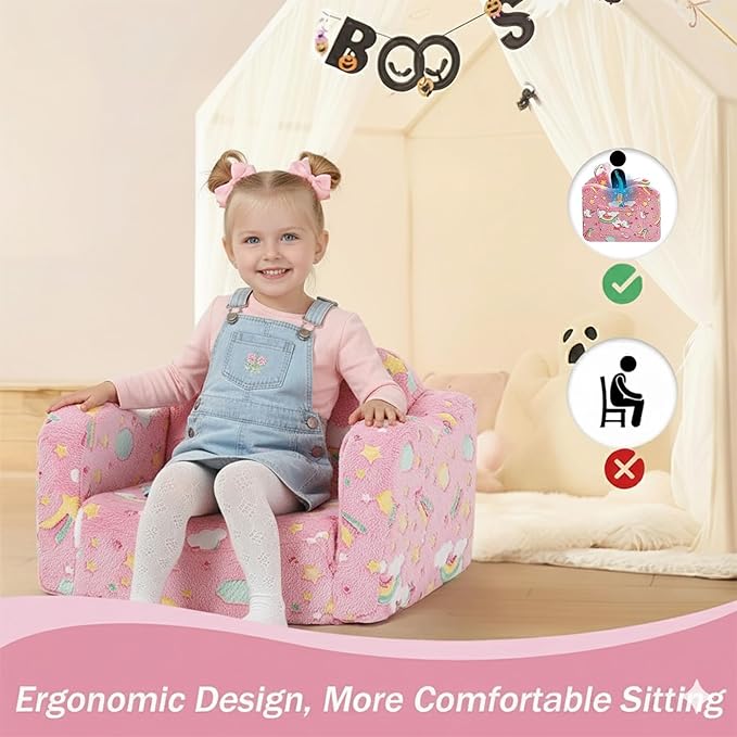 MeMoreCool Folding Toddler Chair, Glow-in-The-Dark Soft Plush Kids Fold-Out Couch Sofa, Comfy Baby Recliner for Girls and Boys (Pink Rainbow)