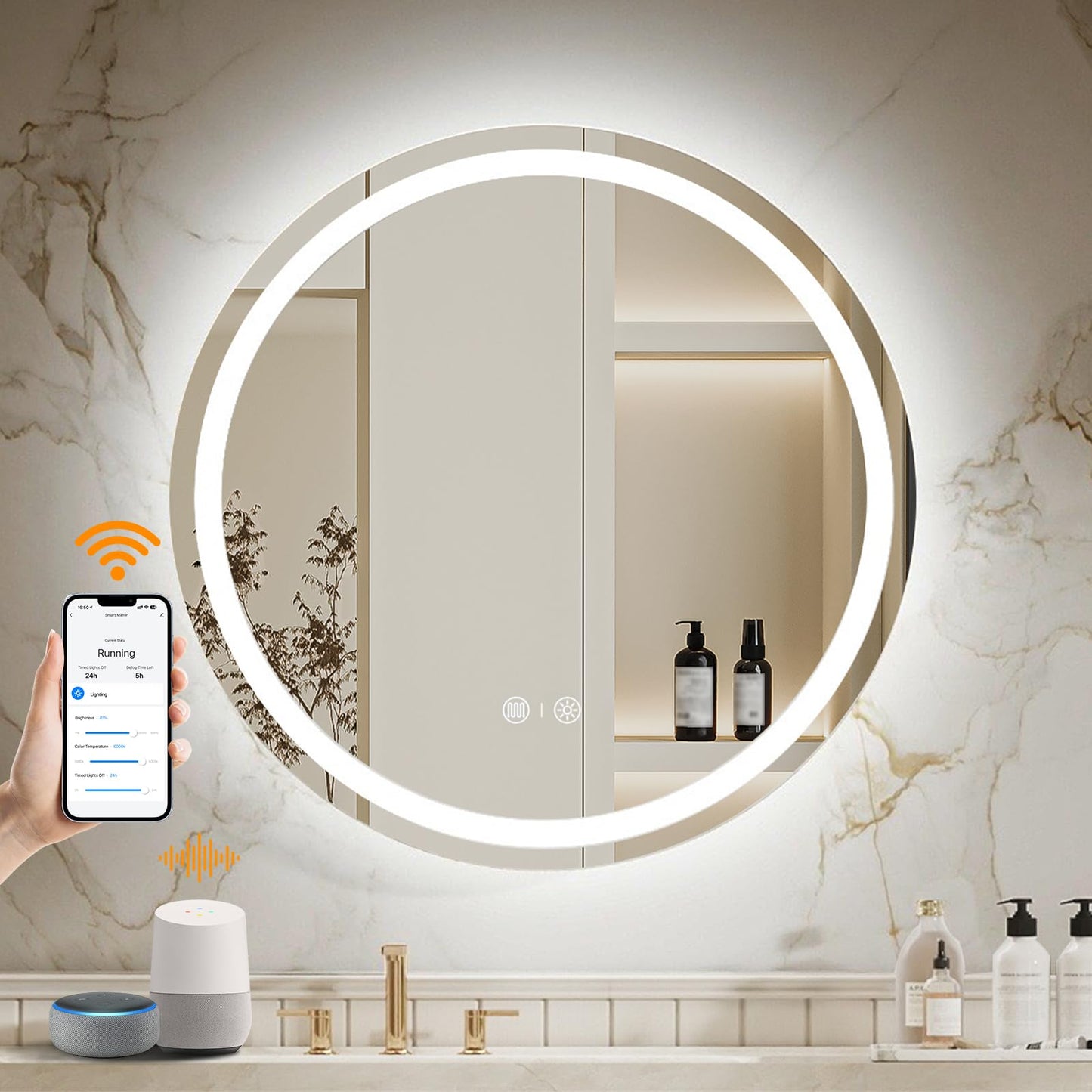 ENZE 24 Inch Round Bathroom Mirror with Lights, Circle LED Mirror, Wall Mounted Lighted Bathroom with 3 Colors,Anti-Fog, Dimmable, Shatter-Proof,Touch Sensor &APP WiFi & Voice Control (Alexa/Google)