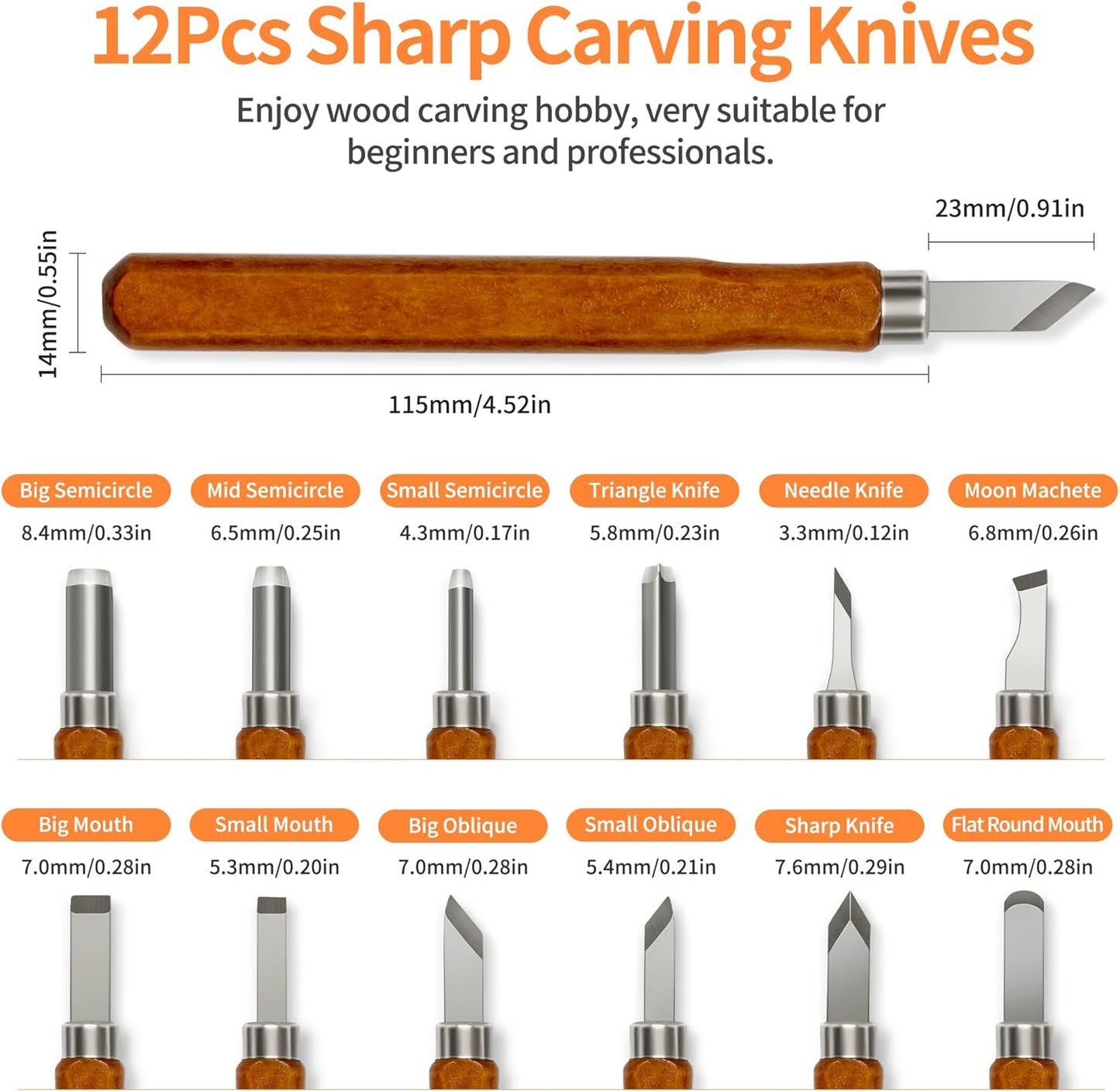 Wood Carving Tools Kit - 12 Pcs Super Sharp and Sturdy Wood Carving Knife Set for Beginners, Professionals, Hobbyists, Artists, and Sculptors - Multipurpose Sculpting, Soap Carving, Pumpkin Carving