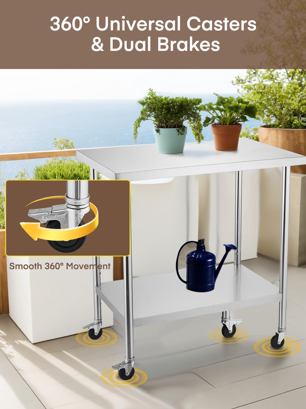 FOHERE Stainless Steel Table 36 x 24, with 4 Wheels, Two with Brakes, Prep Table for Commercial Restaurant, Home, Outdoor, Garden, Warehouse and Hotel