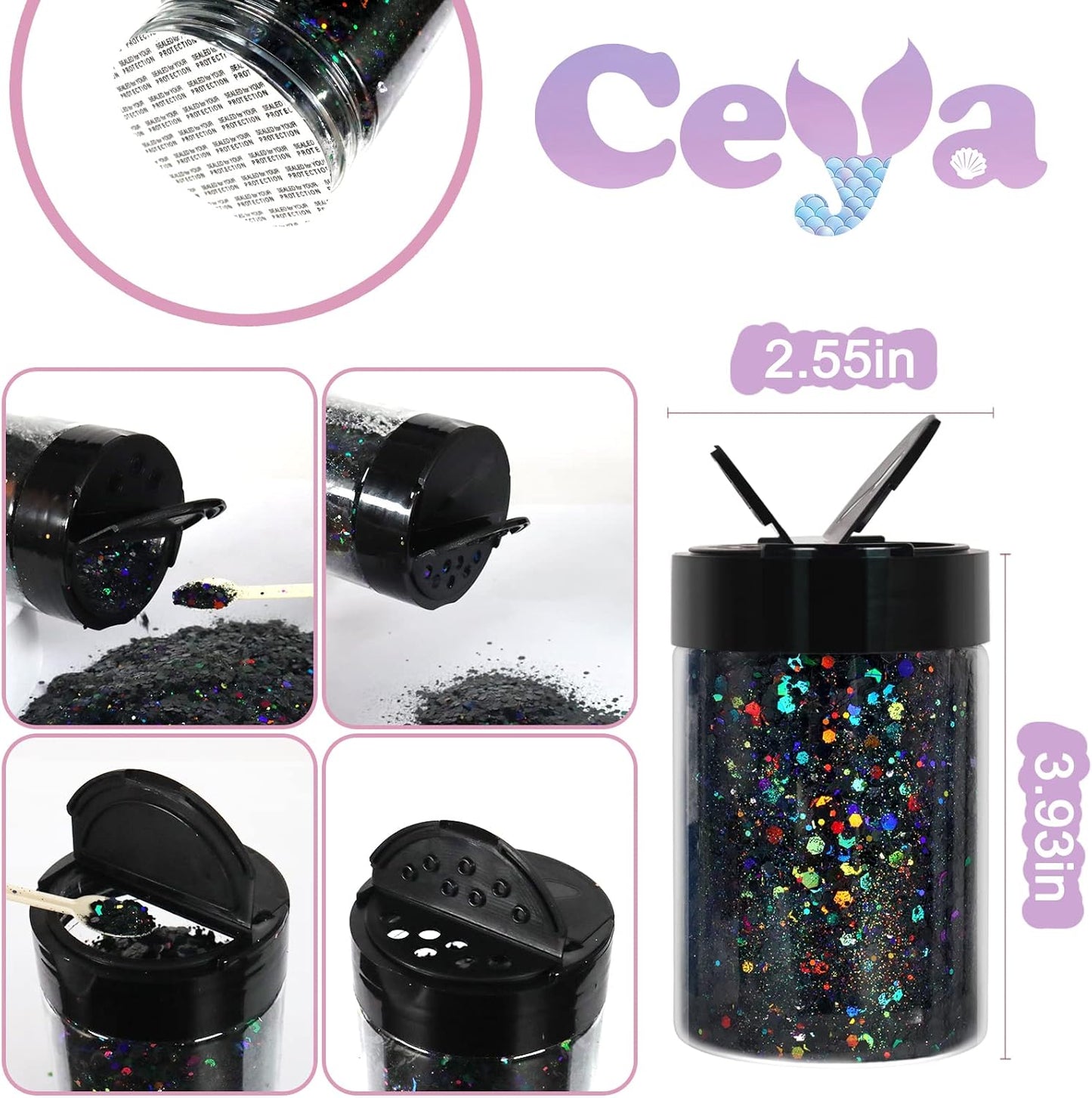 Ceya Holographic Chunky Glitter, 4.9oz/ 140g Black Craft Glitter Powder Mixed Chunky Fine Flakes Iridescent Nail Sequins for Nail Art, Hair, Epoxy Resin, Tumblers, Slime, Painting, Festival Decor