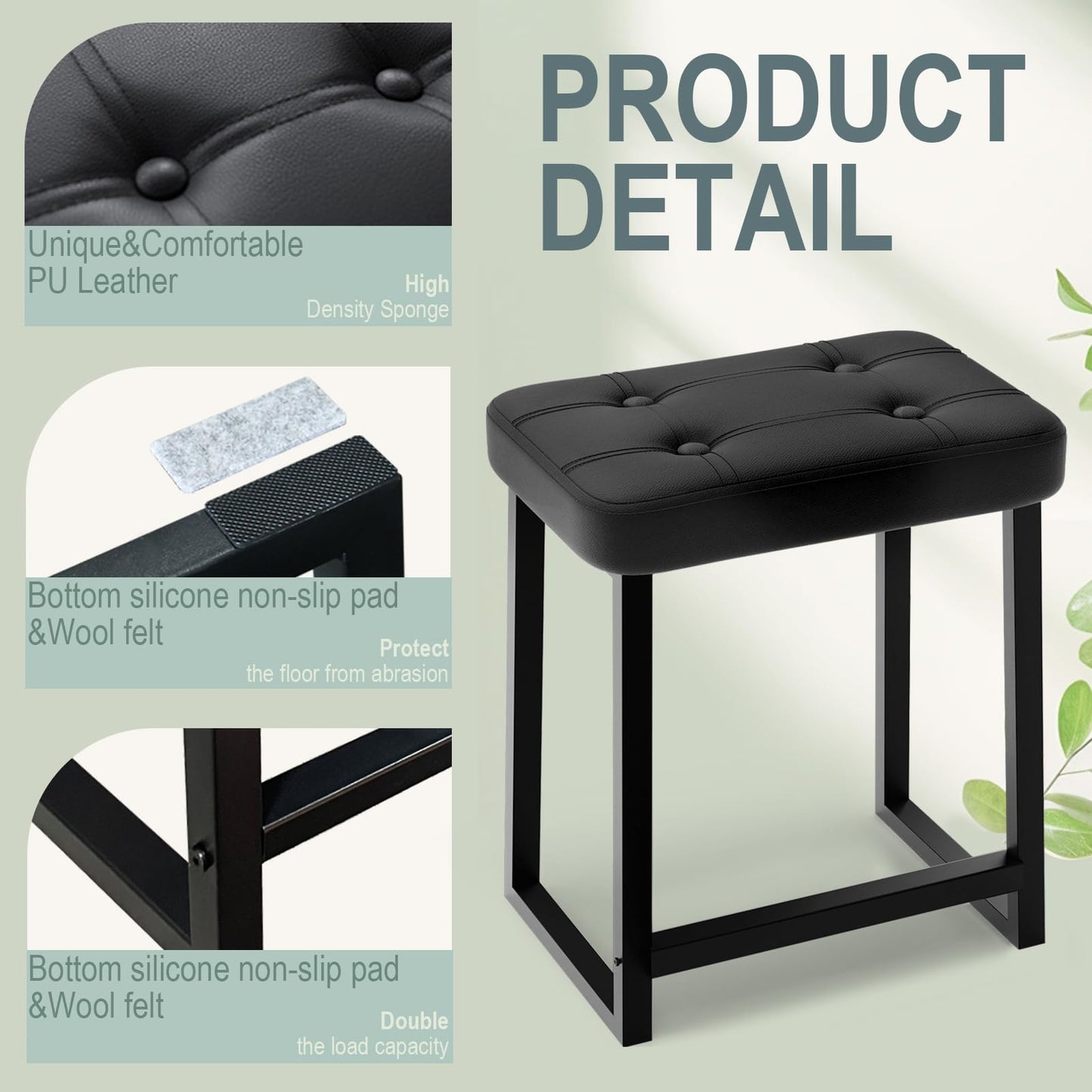 iTsst Vanity Stool Chair, Makeup Stool for Vanity,Small Ottoman Footrest for Living Room, Bathroom, Bedroom, Entryway, Offices，Leather &Metal Legs with Anti-Slip Feet, Black