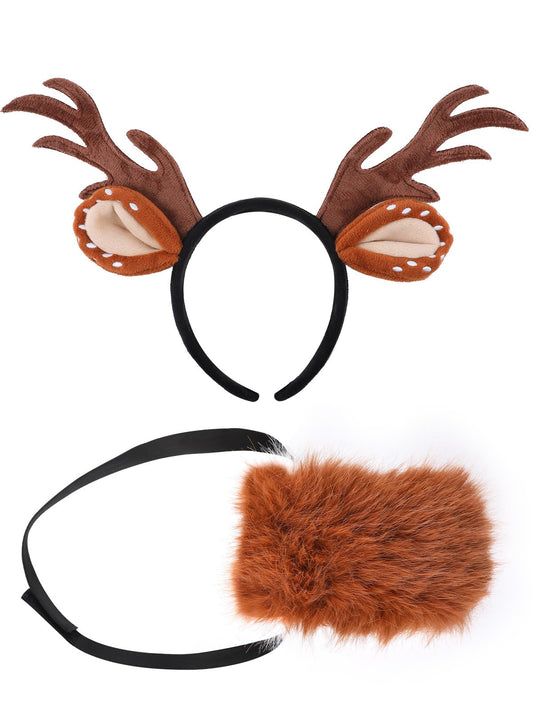 ROC PARTY Reindeer Antlers Headband and Tail Set – Fluffy Deer Ears, Antlers, and Tail for Kids – Brown Animal Costume Accessories for Christmas, Halloween, Party & Cosplay