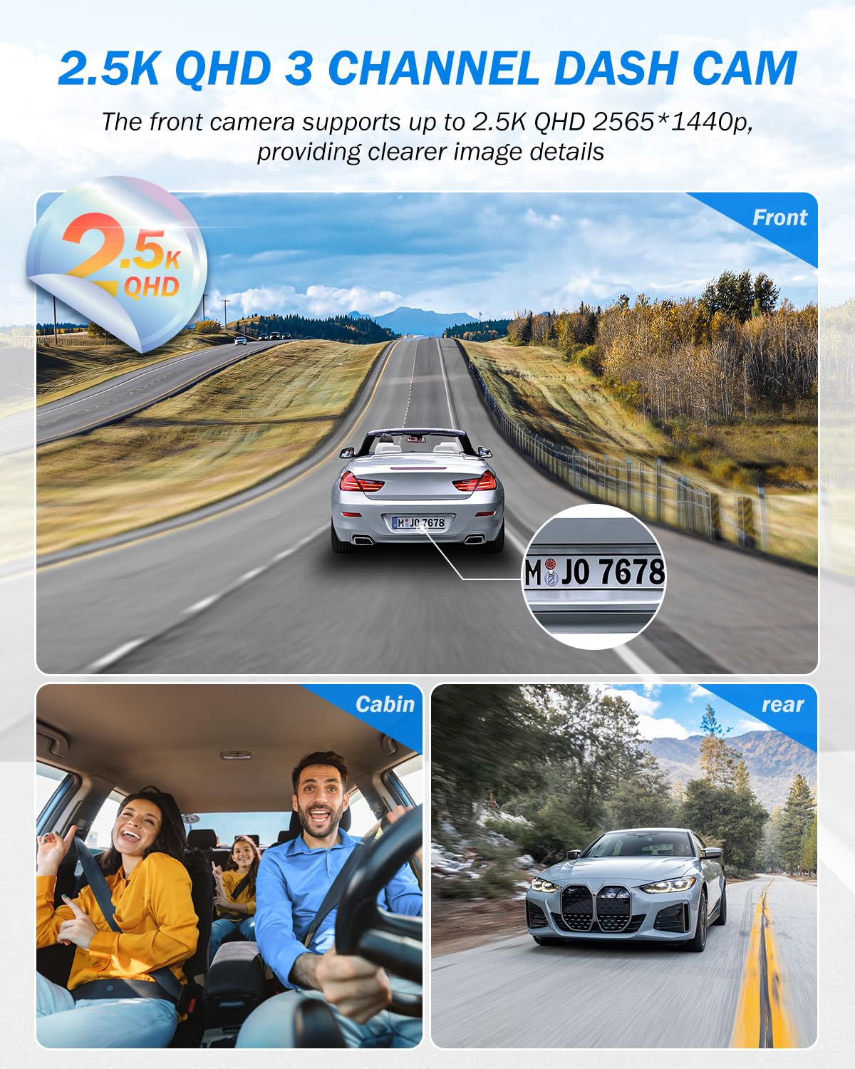 Baeasu Dash Cam Front And Rear 2.5K/1440P, 3 Channel Dash Camera For Cars Dash Cam Front Rear And Inside With 32Gb Card, 3.16  I