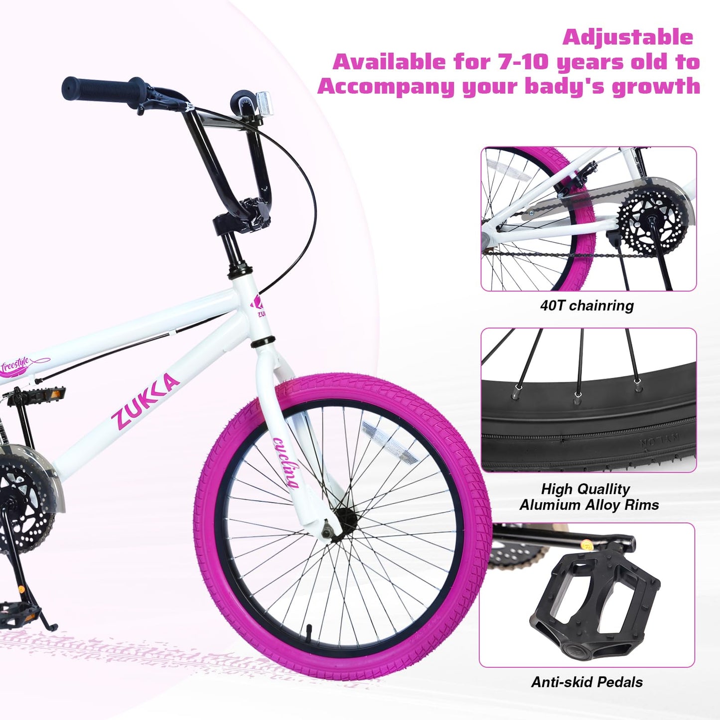 BMX Style 20 Inch Kids Bike for Boys/Girls Bicycle Ages 7-10 Years Old,1 Speed,Kids Cycle Bikes from Beginner-Level BMX to Advanced Riders with 2 Pegs,Rear Caliper Brakes，Durable Steel Frame，White