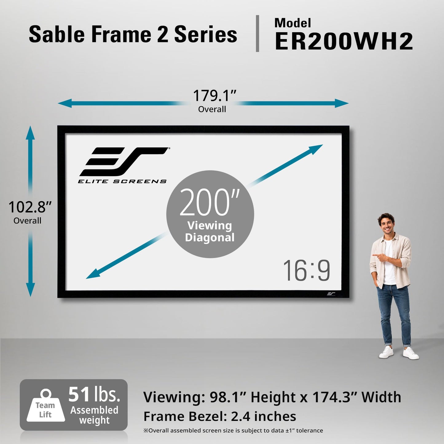 Elite Screens 200 inch Projector Screen 16:9, Wall Mounted Fixed Frame , 8K/4K UHD & Active 3D Ready, ISF-Certified Material for Home Theater, Office & Indoor Presentations, Sable Frame 2, ER200WH2