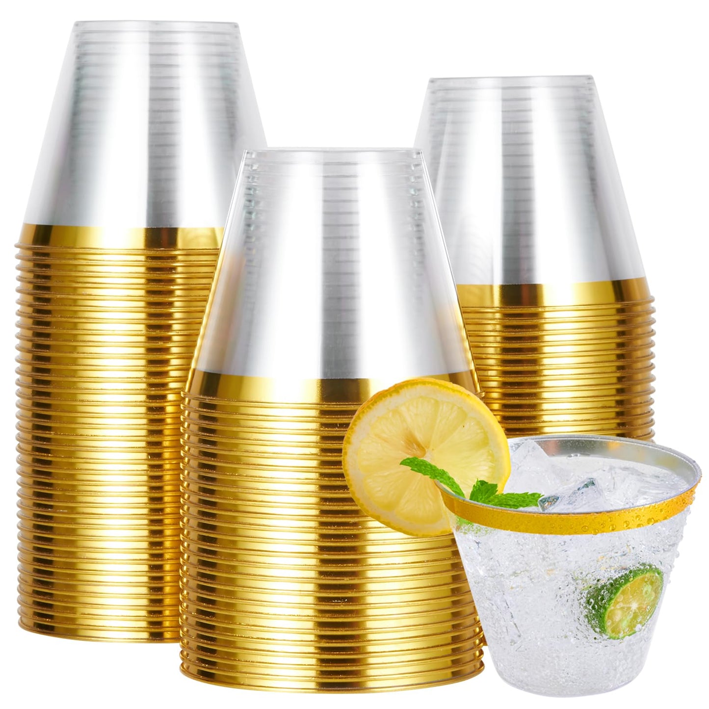 JOLLY CHEF 100 Pack Gold Plastic Cups, 9 oz Clear Plastic Tumblers, Elegant Gold Rimmed Cups, Disposable Glasses Perfect for Wedding, Thanksgiving Day, Christmas Party