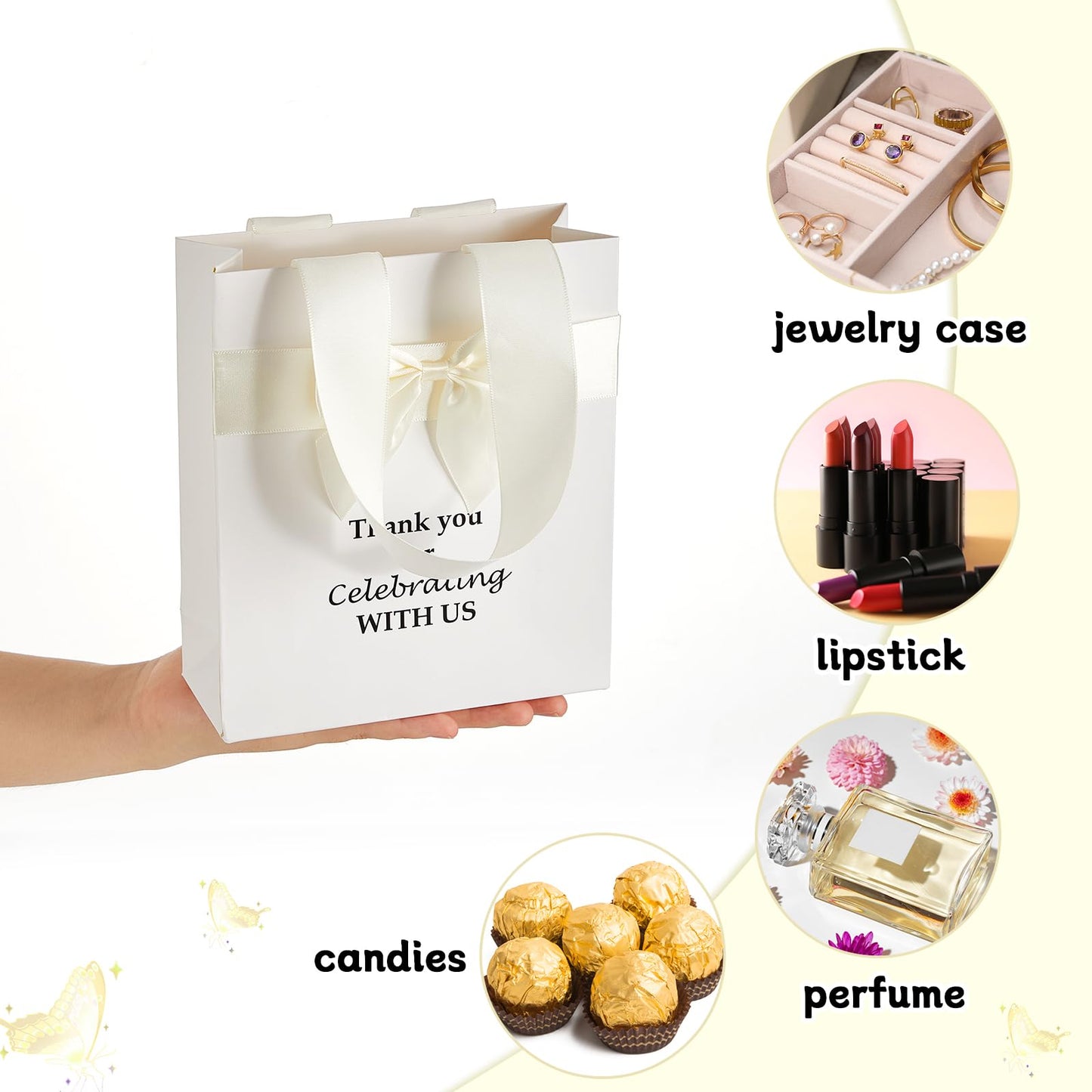50 Pcs Wedding Gift Bags Bulk with Bow Ribbon Handles 6.2x7.2x2.5 Inch Wedding Favor Bag Thank You Gift Bags for Party Favor Bridesmaid Bags Bridal Shower Baby Shower Birthday Supplies(Beige)
