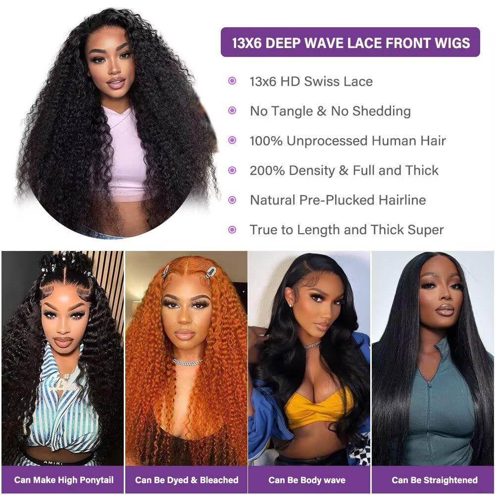 Tagota 32 Inch Deep Wave Lace Front Wigs Human Hair 13x6 HD Lace Front Wigs Human Hair Pre Plucked Brazilian Curly Wig Human Hai