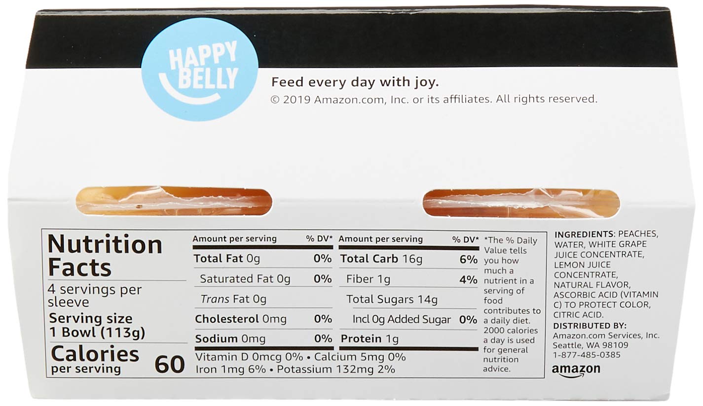 Amazon Brand - Happy Belly Fruit Bowls, Yellow Cling Diced Peach in 100% Juice, 4 Count, 4 Ounce Bowls (Pack of 2)