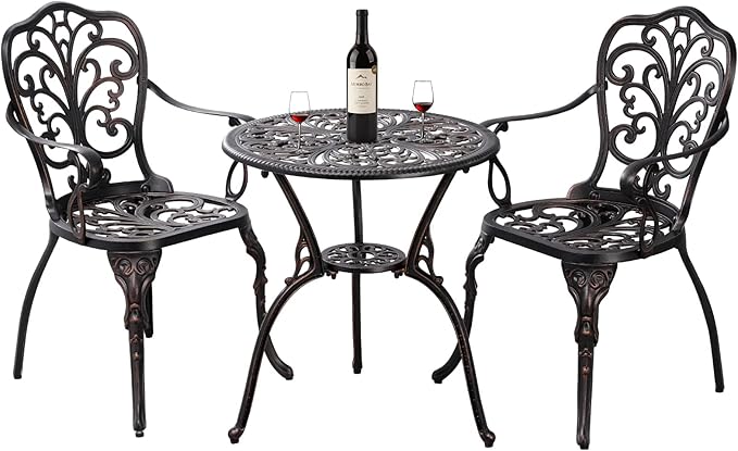 Withniture Bistro Set 3 Piece Outdoor Bistro Set, Cast Aluminum Bistro Table Set with Umbrella Hole, Anti Rust Bistro Table and Chairs Set of 2 for Front Porch, Balcony, Bronze