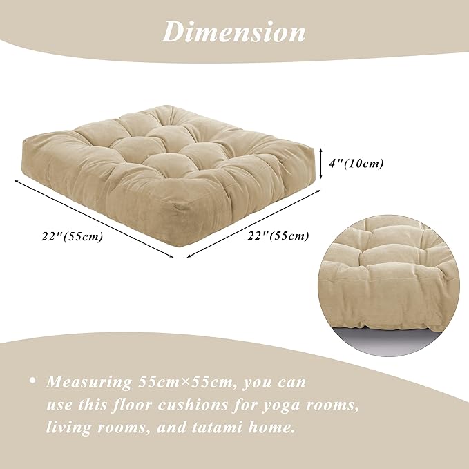 FlyGulls Meditation Floor Pillow 22×22 Inch 1 Pack Large Floor Cushions for Adults Square Tufted Corduroy Floor Pillows for Yoga Living Tatami Room Beige