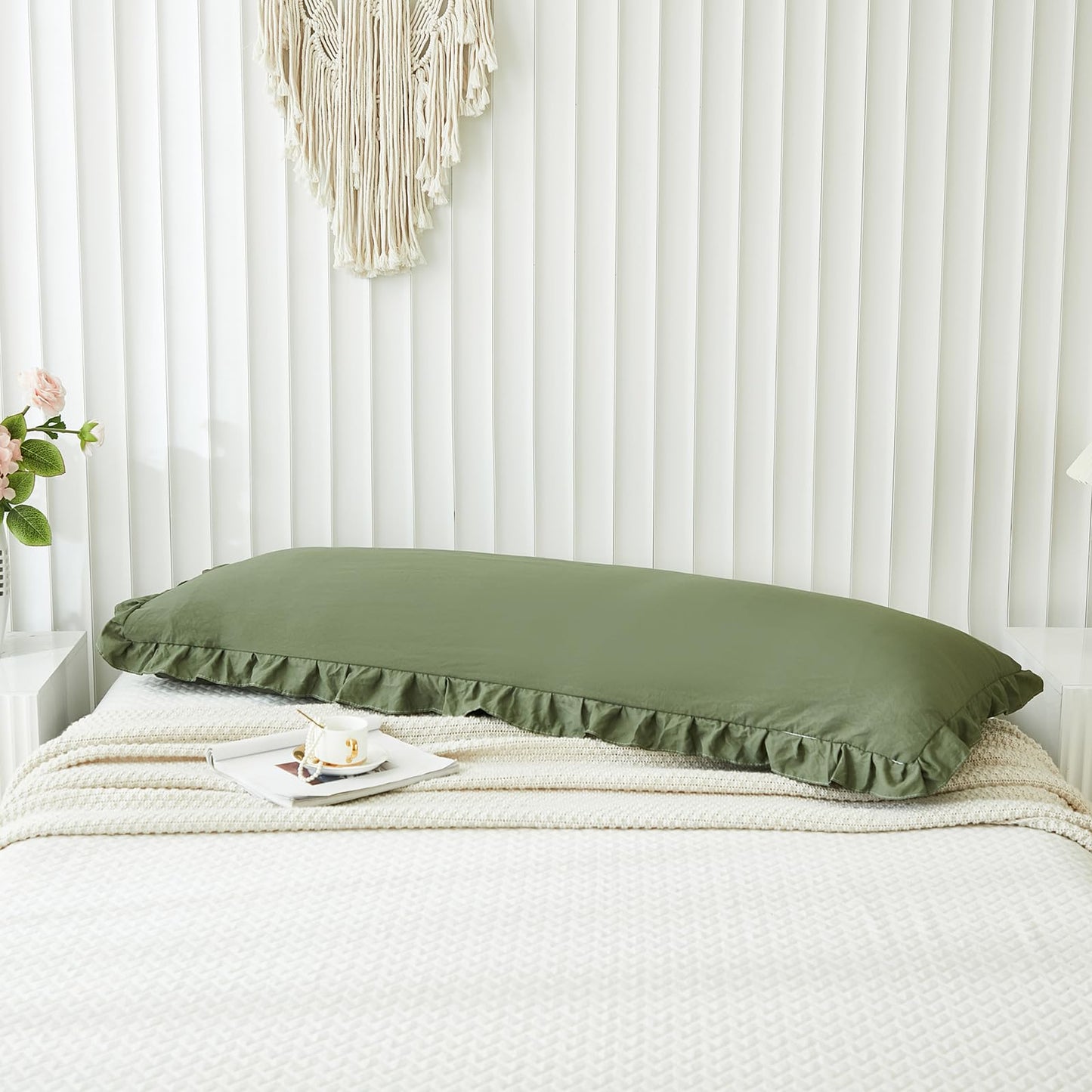 Shabby Chic Olive Green Body Pillow Cover - 20x54in Long Pillowcase with Ruffled Fringe Decor