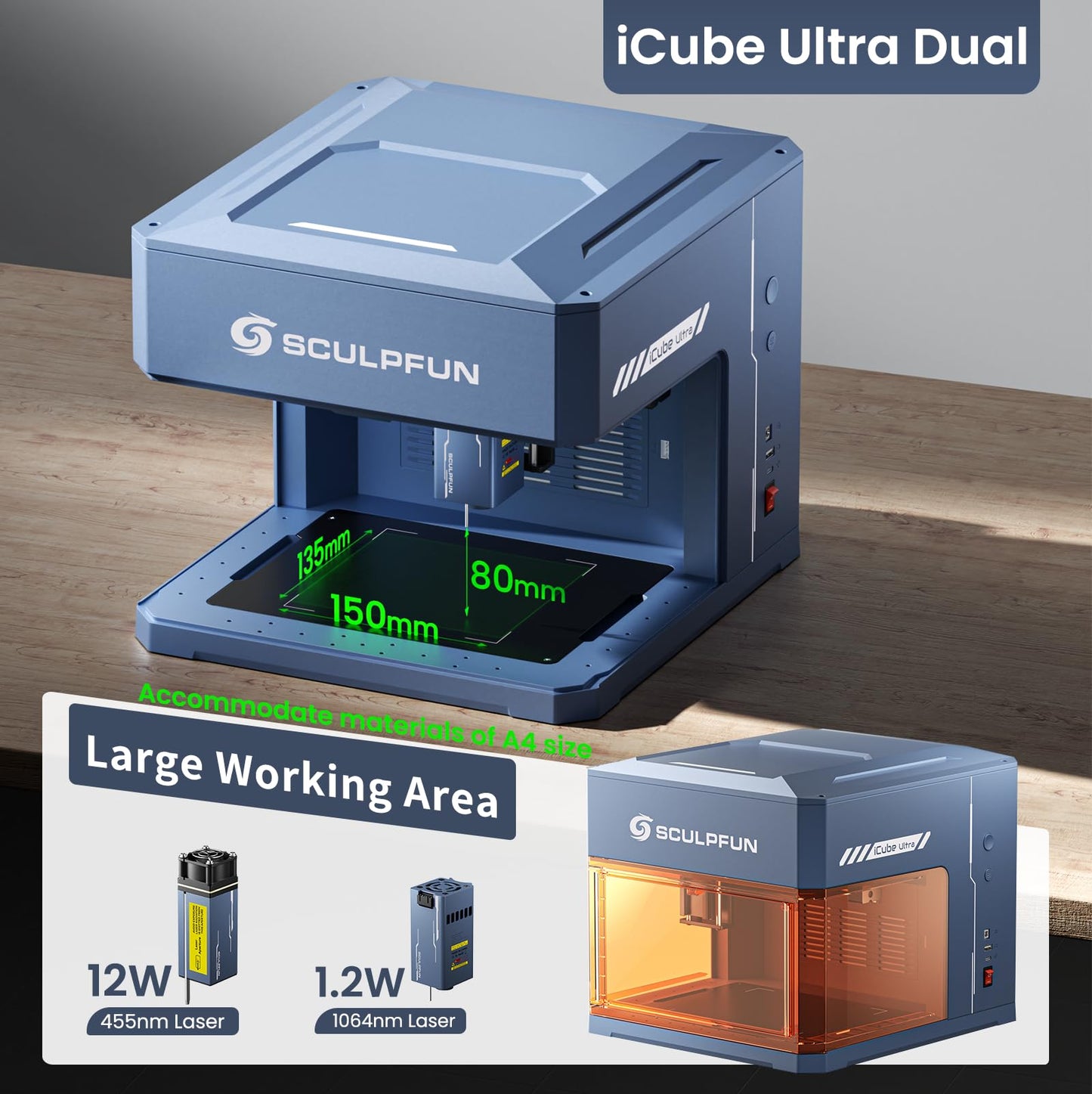 SCULPFUN iCube Ultra Dual Laser Engraver, 12W Diode + 1.2W Infrared, Auto Focus Function, with Smoke Filter, Desktop Engraving Machine for Jewelry, Metal, Wood & Leather, 5.9 * 5.3" Working Area