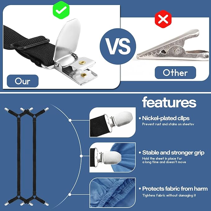 CHRORINE Bed Sheet Holder Straps Adjustable Sheet Fasteners Clips Keep Bedding Stays in Place, 2 Pcs/Set, Black