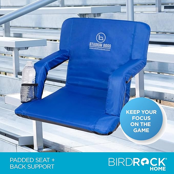 Stadium Boss Recliner Stadium Seat for Bleachers, Benches, Lawns, Backyard, Camping & Beach – Padded Sport Chair, Cushion Backs & Armrest – 6 Reclining Positions – Portable Carry Straps – Blue