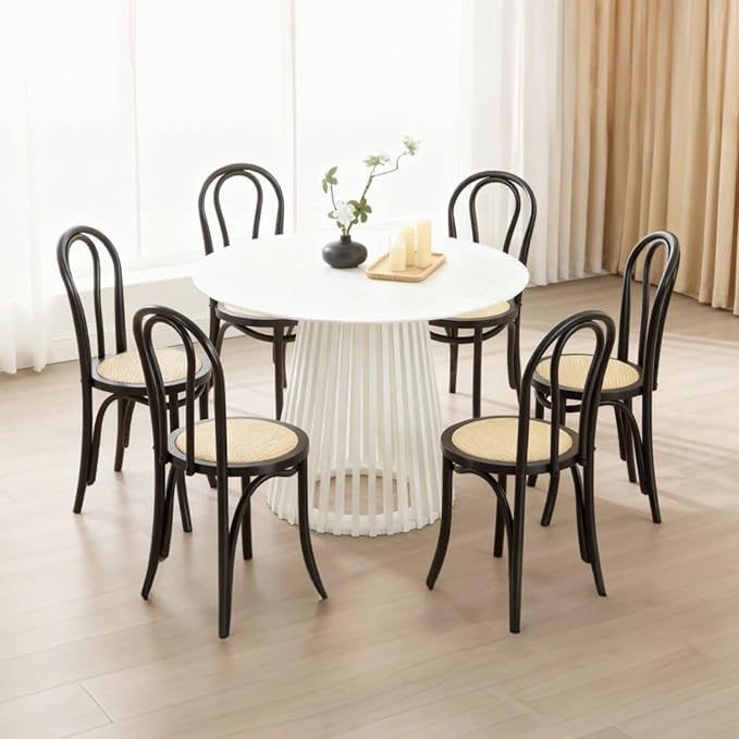 DM Furniture Solid Wood Dining Chairs Set of 6 Mid-Century Modern Rattan Dining Room Chairs with Backrest Bentwood Side/Desk Chairs for Dining/Living Room,Home No Assembly Required, Black Wood