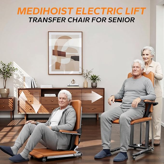 MediHoist Steel Electric Floor Lift Chair with Wheels and PU Cushion, Floor Lift for Elderly, 440 LBS Capacity, Seat Belts and Handrails, Suitable for Home Use