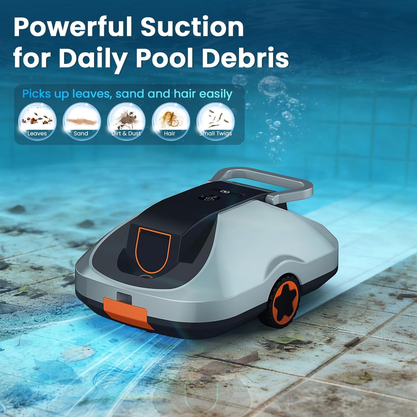 Zebary C1 Robotic Pool Cleaner, 200-Min Cordless Pool Vacuum for Above Ground & Inground Pools up to 2500 Sq.ft, Automatic Pool Vacuum Robot for Leaves & Dirt, Powerful Suction Self-Parking-Orange