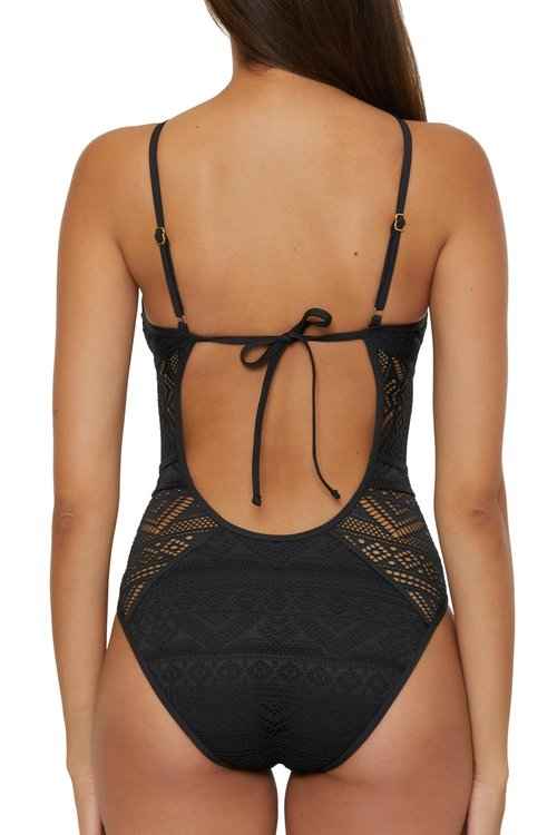 BECCA Women's Standard Color Play Crochet One Piece Swimsuit, High Neck, Bathing Suits, Black (A), Medium