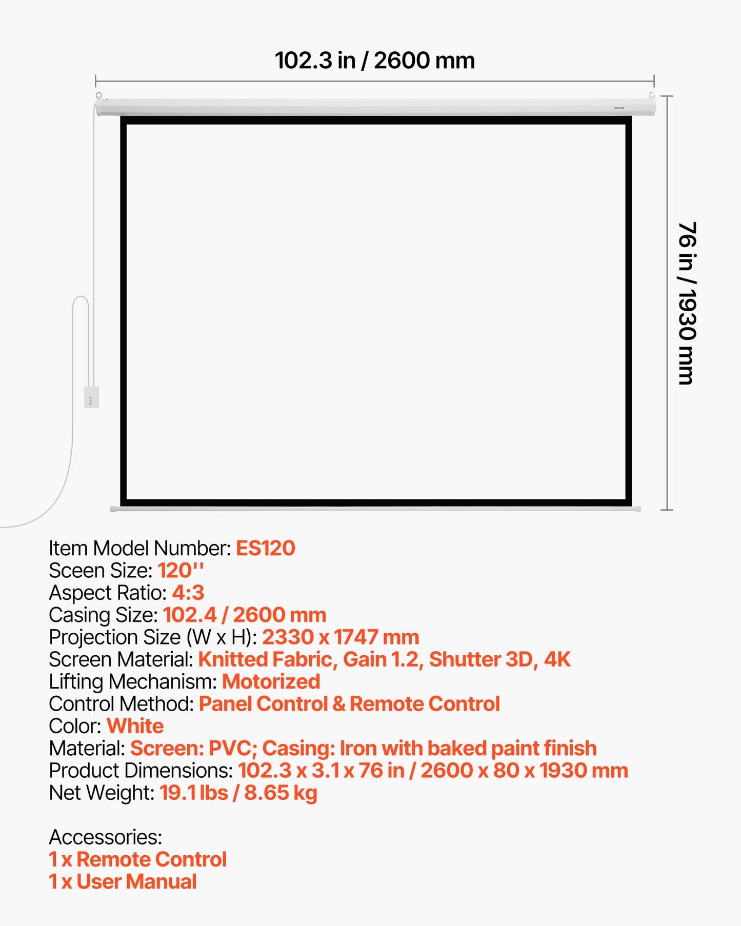 VEVOR Motorized Projector Screen, 120 inch 4:3 1080 HD Electric Projector Screen, Wall Mounted Projection Dispaly Projector with Remote Control, Automatic Movie Screen for Family Home Office Theater