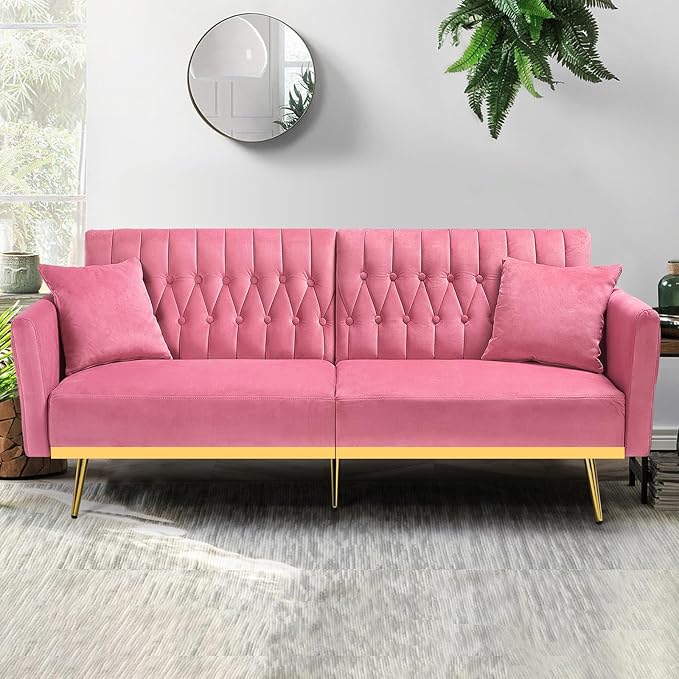 ACMEASE 70” Velvet Futon Sofa Bed with 2 Pillows and Adjustable Armrests, Convertible Sleeper Bed, Modern Loveseat for Living Room, Bedroom, Pink