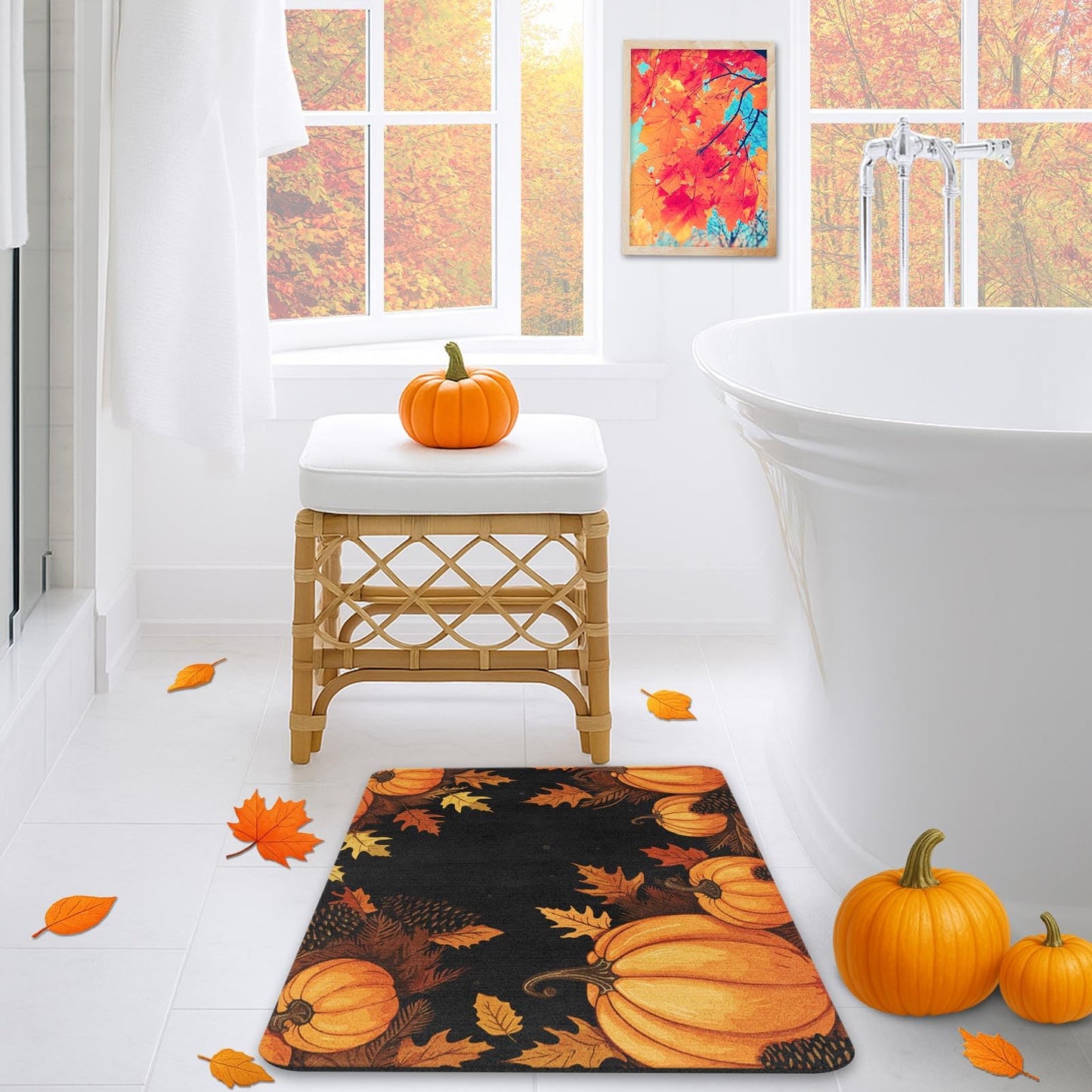 Nesphy Autumn Leaves Pumpkin Bath Mat for Bathroom, Fall Thanksgiving Quick Dry and Super Absorbent Bath Mat Rug, Non Slip Rubber Backing Floor Rug 17x30 Inches for Kitchen Bedroom Indoor