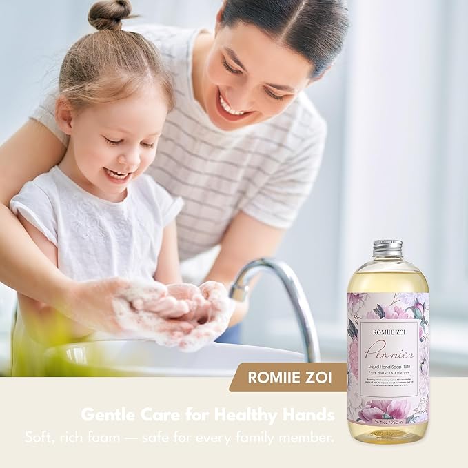 ROMIIE ZOI Liquid Hand Soap Refills Gift Set – Peony Scent – 3 x 26 Fl Oz Bottles – Plant-Based, Non-Toxic, Gentle & Moisturizing Formula with Essential Oils – for Bathroom, Kitchen & Home Gifting