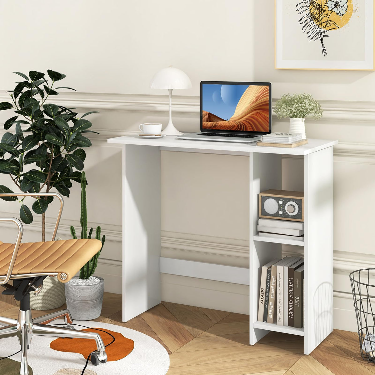 IFANNY Computer Desk, 31.5’’ Writing Desk with Storage Shelves, Kids Study Table, Compact Gaming Table, Wood Vanity Makeup Table, Small Desk for Bedroom, Living Room, Study, Home Office (White)
