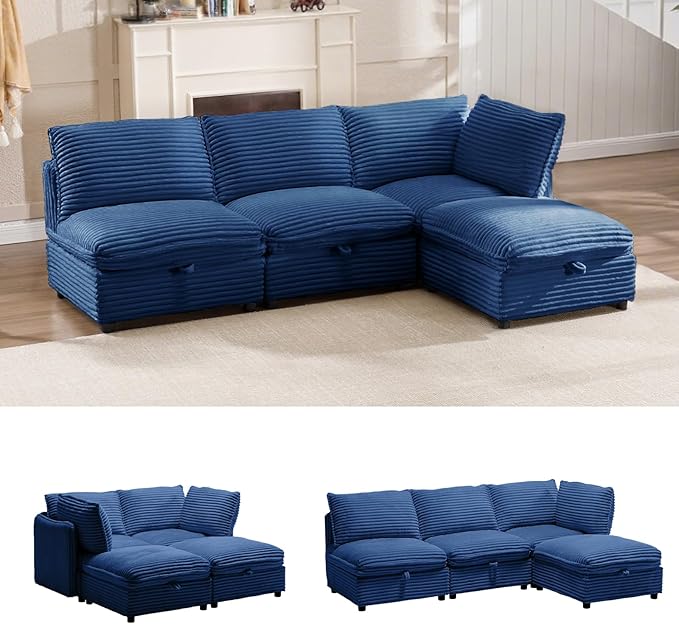 FIRLZY 92" Modular Sectional 4 Seater Sofa with Removable Covers and Storage, Convertible L-Shaped and Sleeper Sectional, Modern Corduroy Couches with Ottoman Chaise for Living Room, Apartment, Blue