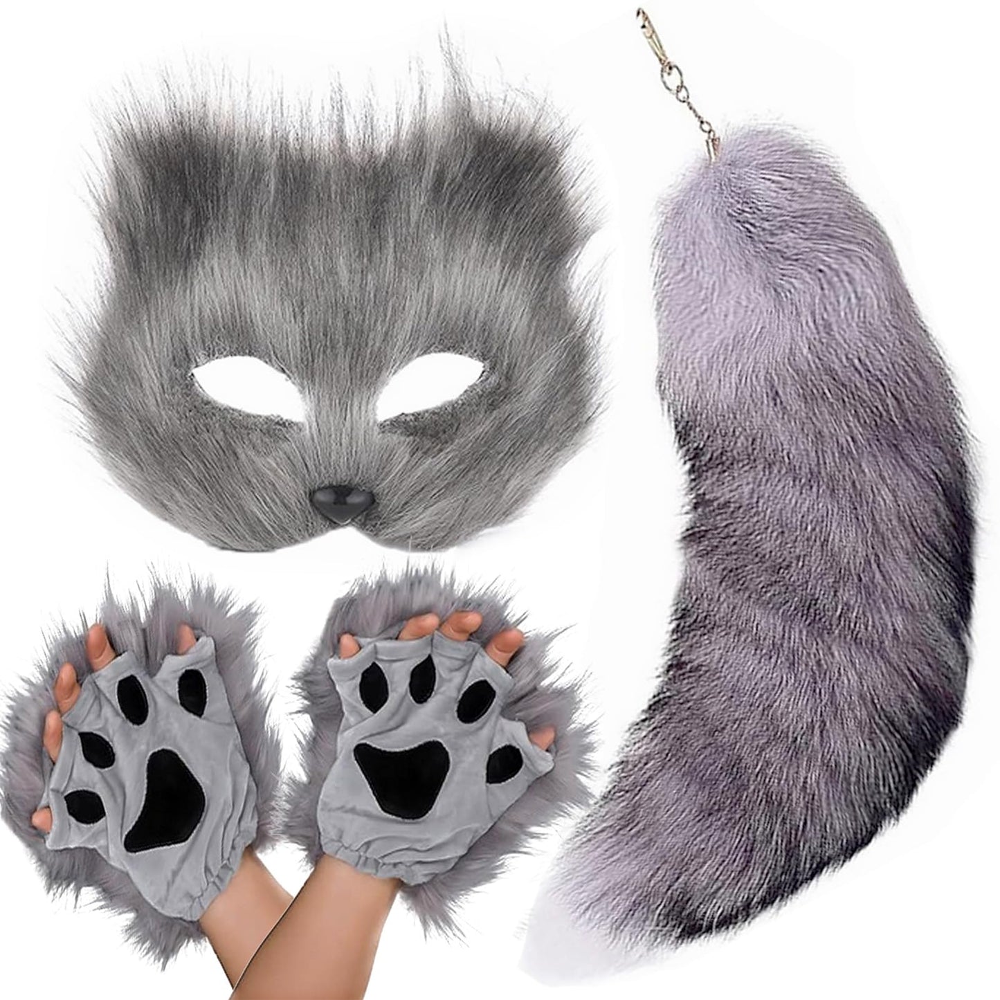 NWSTESLE Furry Therian Mask and Tail for Kids,Animal Fox Mask Wolf Tail Paws Set,Over 1 Years Old Gray