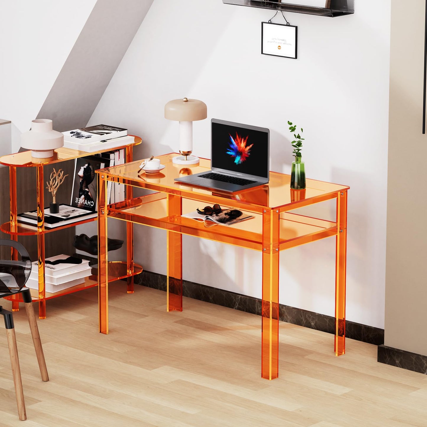 solaround Clear Acrylic Desk with Open Storage, Home Office Computer Writing Desk Office Study Table (Orange, 39.4'' x 19.7'' x 29.5'')