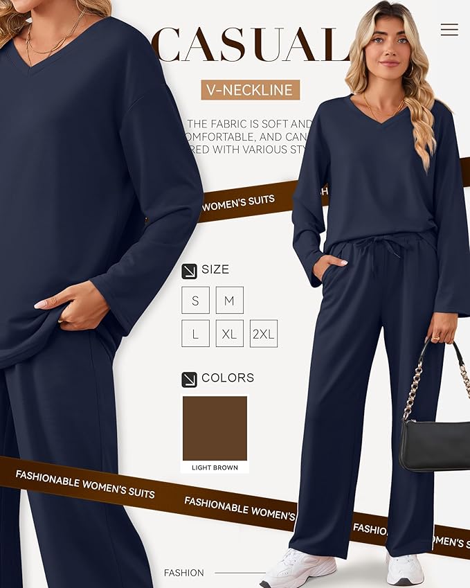 JoyMotion 2 Piece Women's Sweatsuit, V Neck Oversized Tracksuit Wide Leg Pant Fall Lounge Set Long Sleeve Sweatshirts Outfit