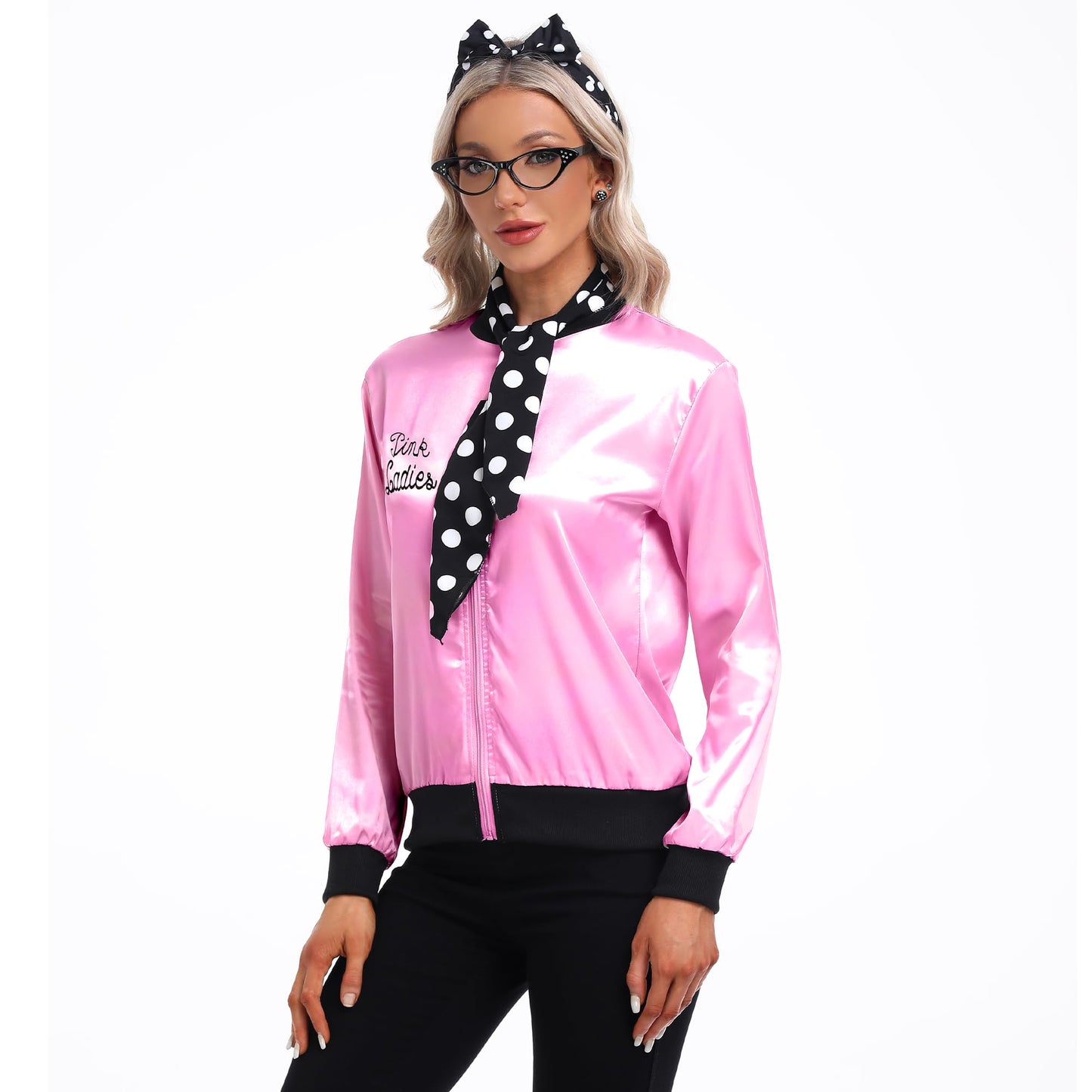 SOMSOC 5 Pieces 1950s Women Pink Satin Jacket with Polka Dot Scarf Headband Earrings Eye Glasses Halloween Party Costume Set