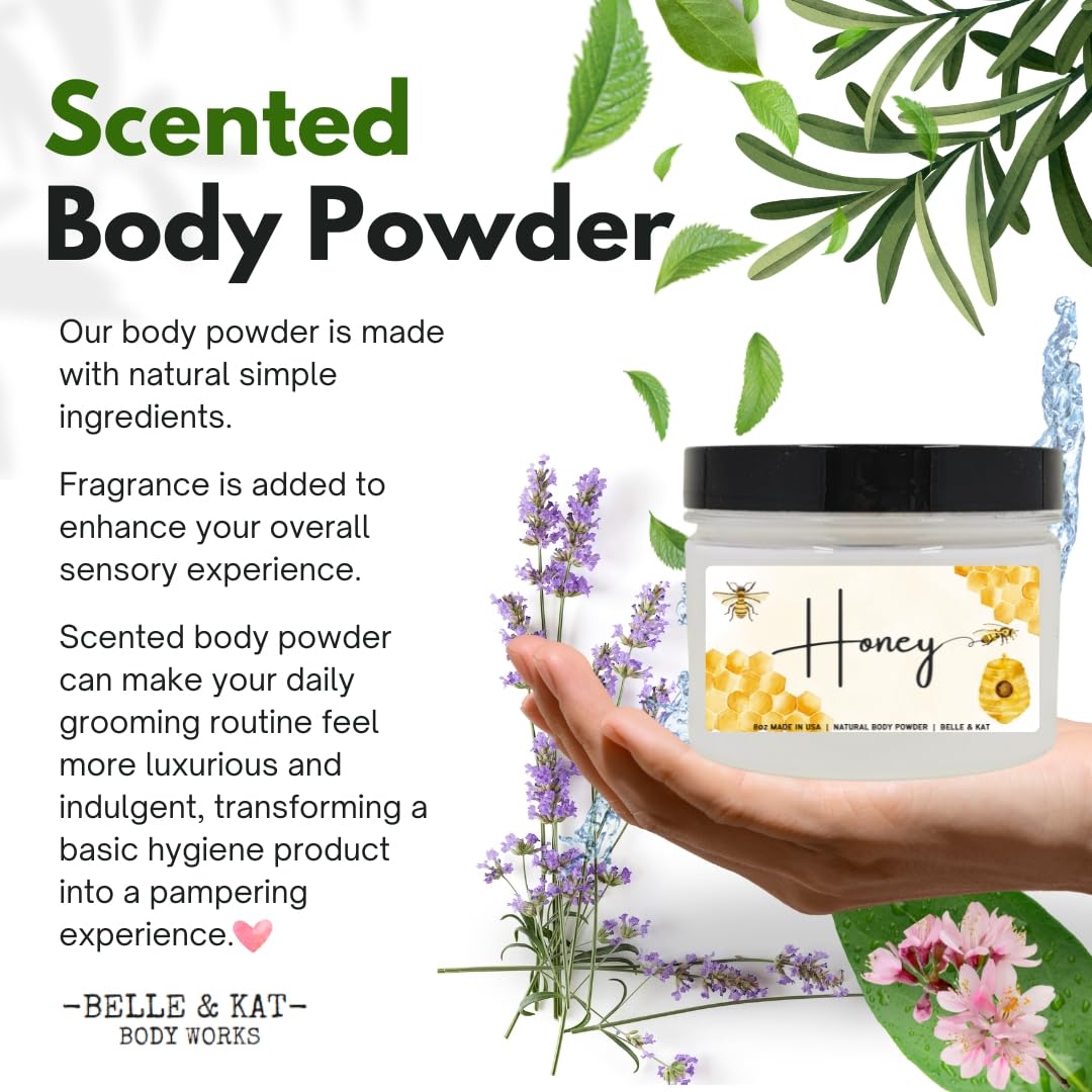Body Powder for Women & Men, Honey Scented, Perfume Dusting Powder, Bath Powder with Fragrance & Essential Oils, Talc-Free 8oz Container with Lid, Made in USA