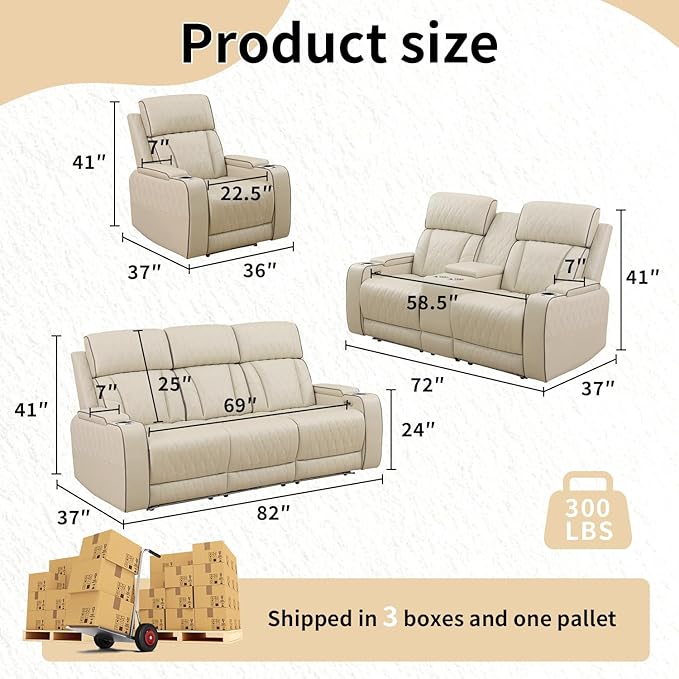 Caberryne Power Recliner Sofa Set with LED Lights,Leather Reclining Couch and Loveseat Set with USB Port/Coffee Table/Cup Holder,Living Room Set with 4 Recliner Seats for House(2 Piece Set,Paddy)