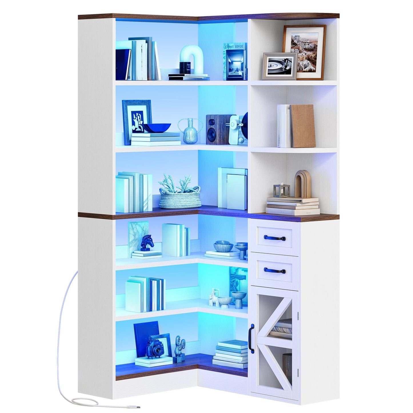 YITAHOME Corner Bookshelf with Storage, Farmhouse 6-Tier Bookshelf with Drawers and Cabinets, L-Shaped Bookcase LED Lights Corner Display Shelf for Home Office, Living Room, Bedroom