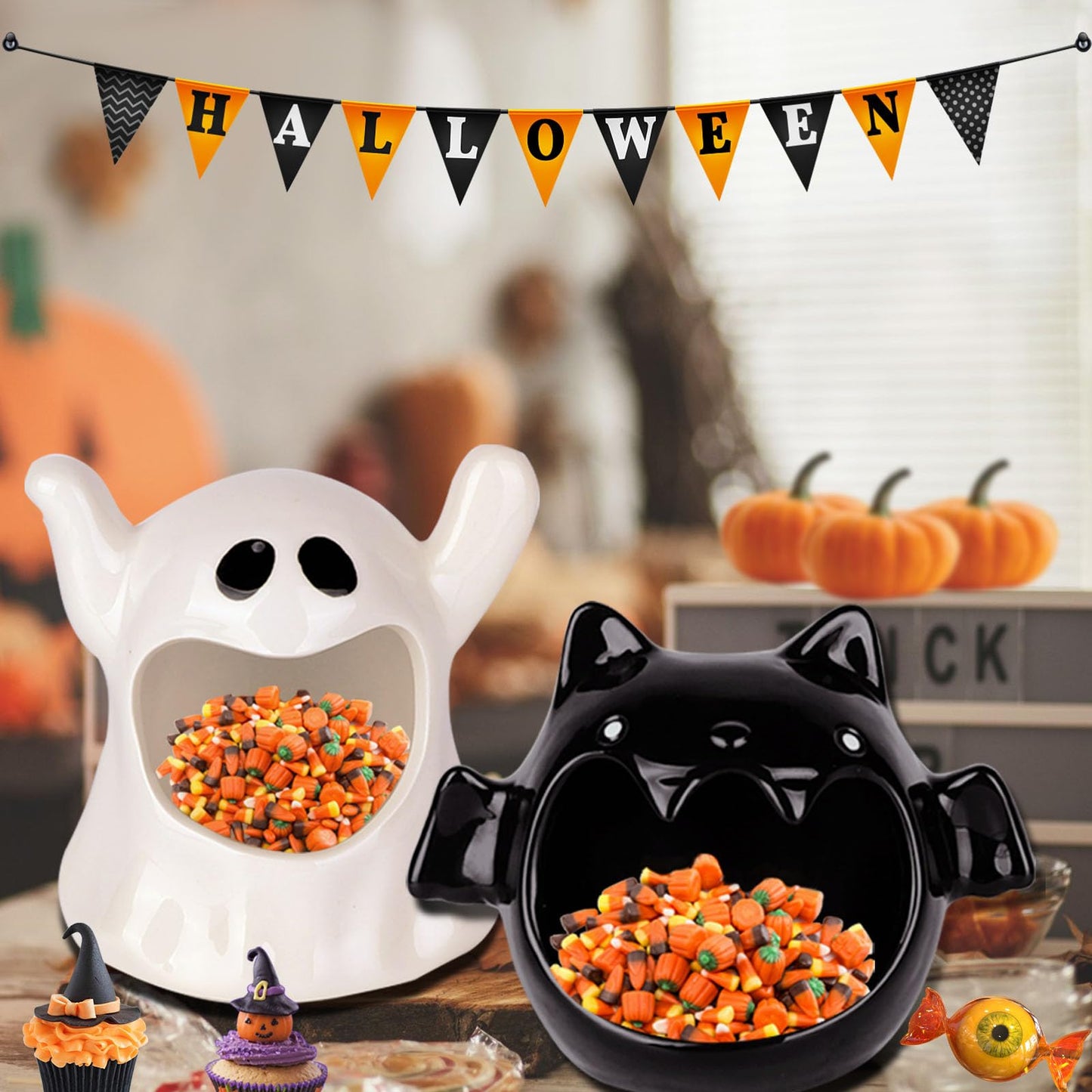 DIYDEC 2pcs Halloween Candy Bowls, Halloween Candy Dish Candle Holder Bat Ghost Ceramic Dish for Tiered Tray Ornament Tableware Party Decor