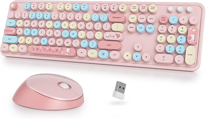 Wireless Keyboard and Mouse Set, Retro Typewriter, 2.4GHz Full Size 104-Key Cute Keyboard with Number Pad, Colorful Keyboard with Round Keycaps for Windows PC Laptop(Strawberry)