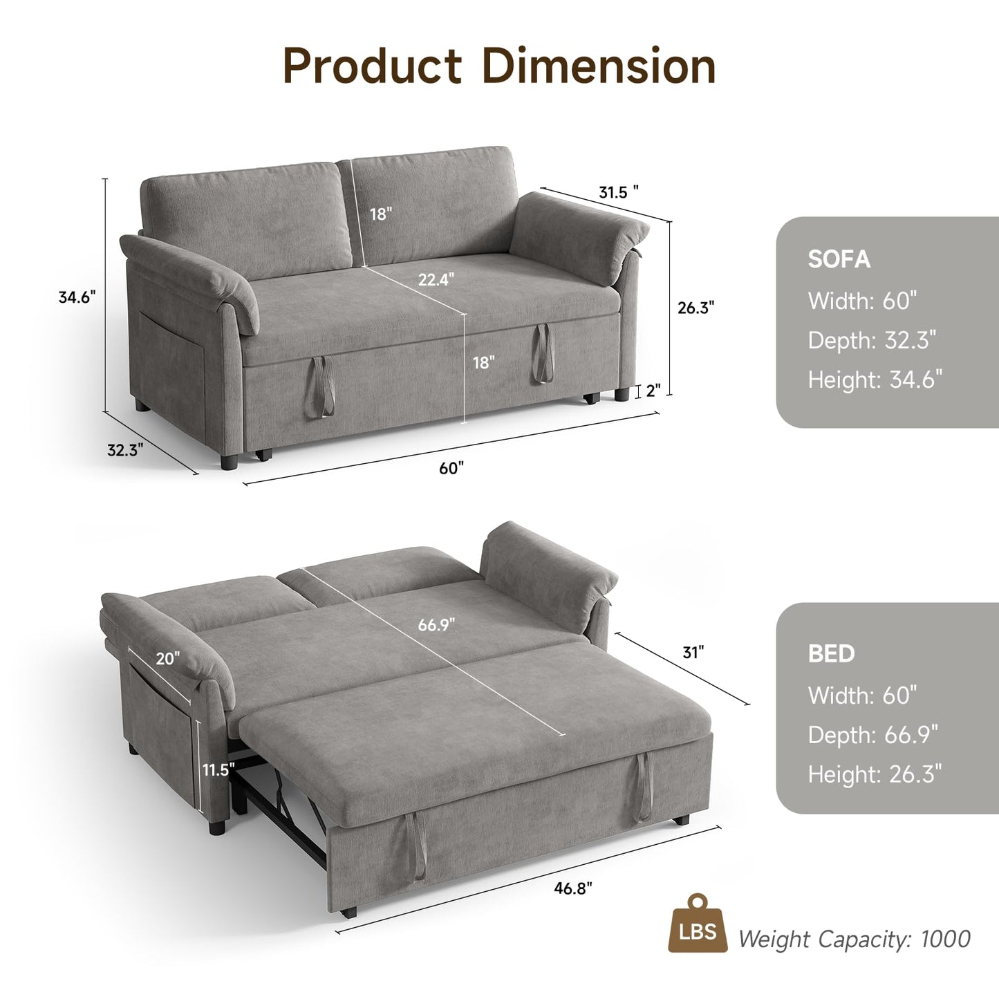 ONBRILL 3 in 1 Pull Out Couch, 59 Inch Convertible Sleeper Sofa Bed,Chenille Sofa Bed w/Adjustable Backrest, Side Pockets, Small Couches for Living Room, Bedroom, Grey