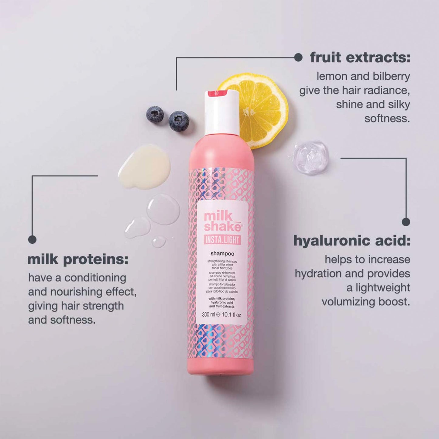 milk_shake insta.light shampoo | ultra-lightweight cleanser with milk proteins and fruit extracts for soft, radiant, glass-like