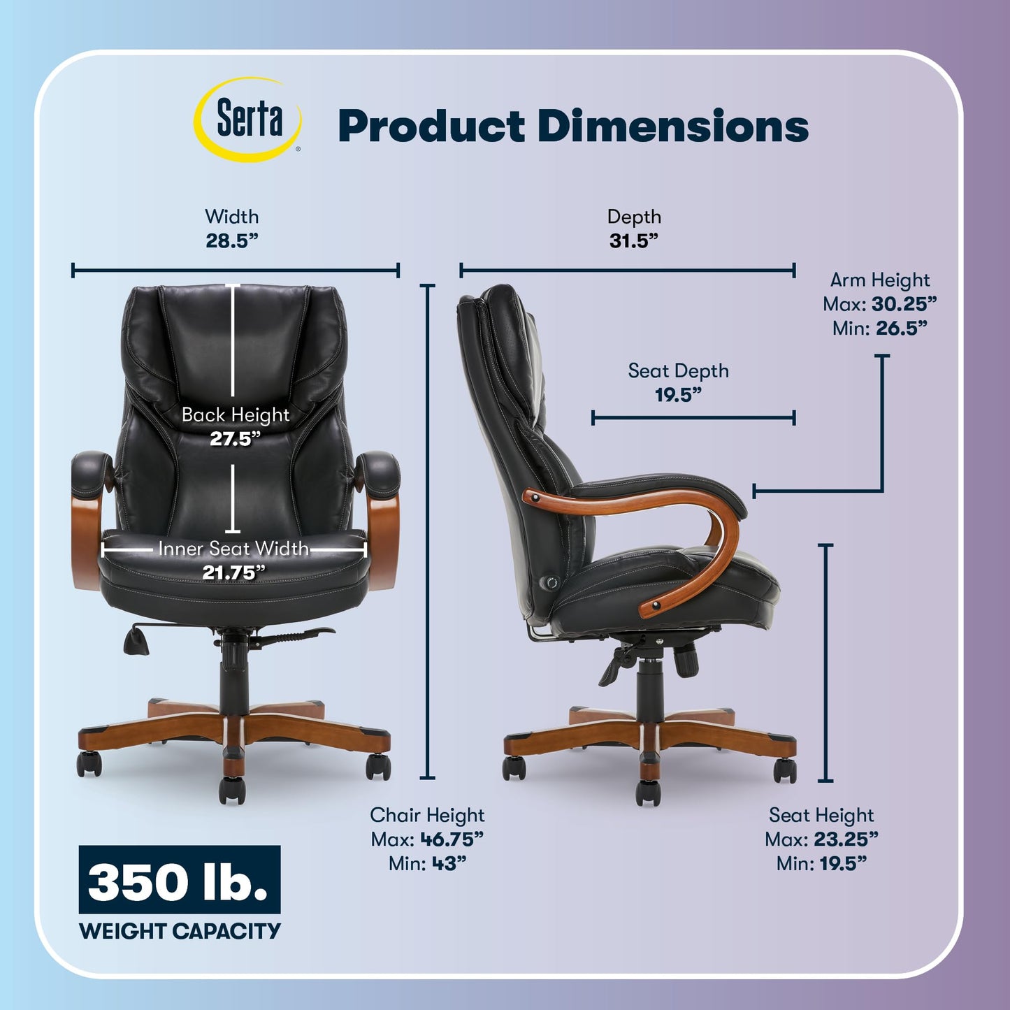 Serta Conway Big and Tall Executive Office Chair - Ergonomic Lumbar Support, Bonded Leather, Padded Armrests, High Back Computer Desk Chair, Black