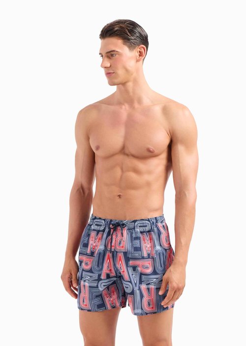 Emporio Armani Men's Macro Logo Swim Boxer, Navy/Rosso/Bianco, 56