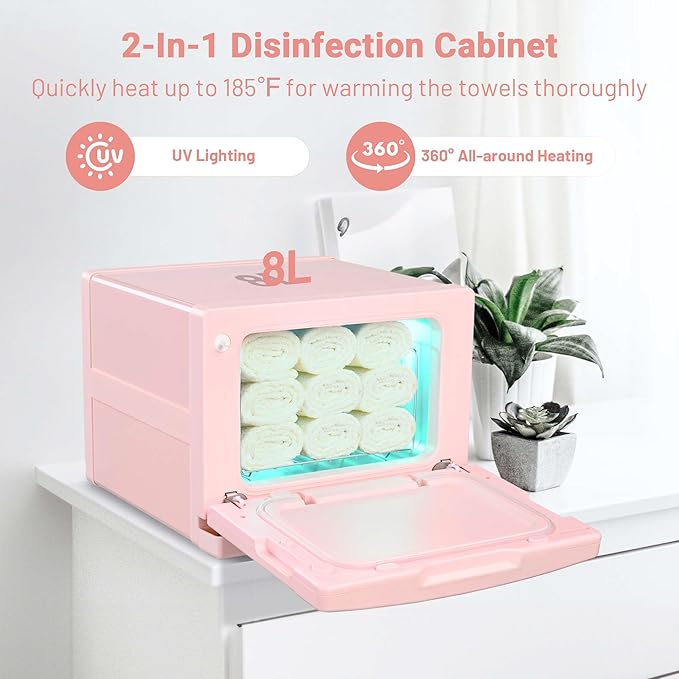BYOOTIQUE Spa Hot Towel Warmer Nail Salon,8L Small Pink Barber Towel Steamer Machine for Face,Professional Fast Heating Cabinet for Facial Massage Therapy Estheticians,Pink