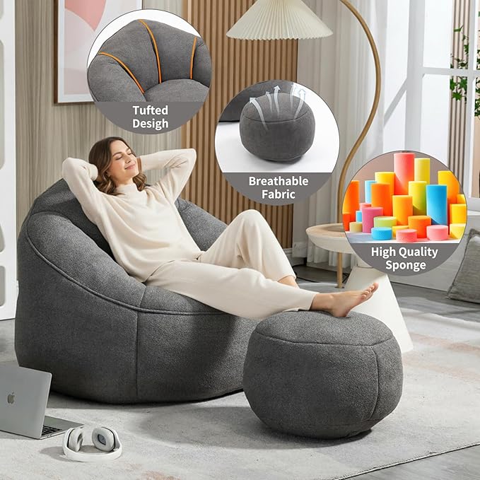 Bean Bag Chairs, Gaint Bean Bag Couch with Memory Foam for Adults and Kids, Microfiber Upholstered Sofa with Ottoman, Comfy Lazy Bean Bag Reading Chair for Living Room